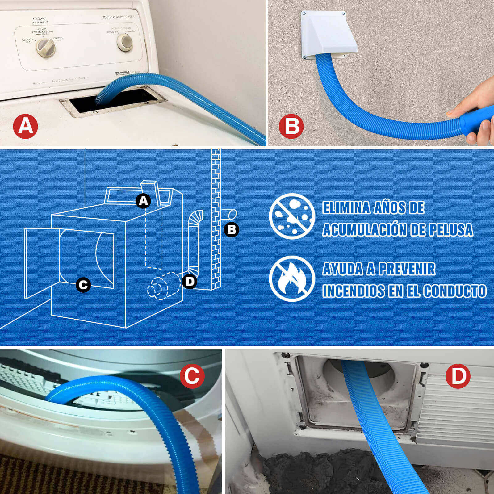 Manguera universal para aspiradora de conductos de secadora, diseño de una sola pieza, compatible con todas las aspiradoras